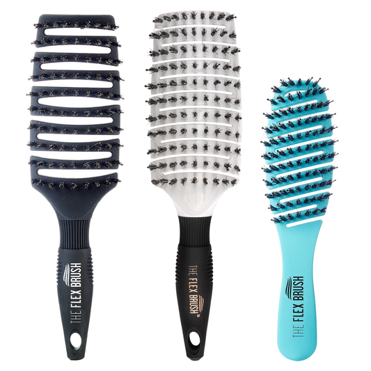 Three hairbrushes with different bristle patterns and handles on a white background. One Black XL, One White XL, and one Petite Blue Flex Brush.