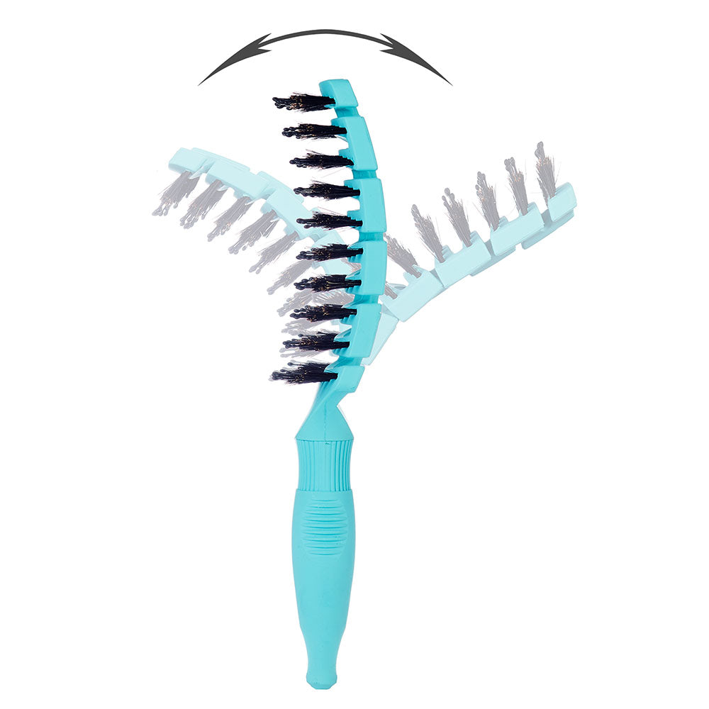 Blue hairbrush with black bristles on a white background