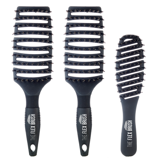 Set of three black hairbrushes with varying bristle designs on a white background. One Black XL and one Petite Black Flex Brush.
