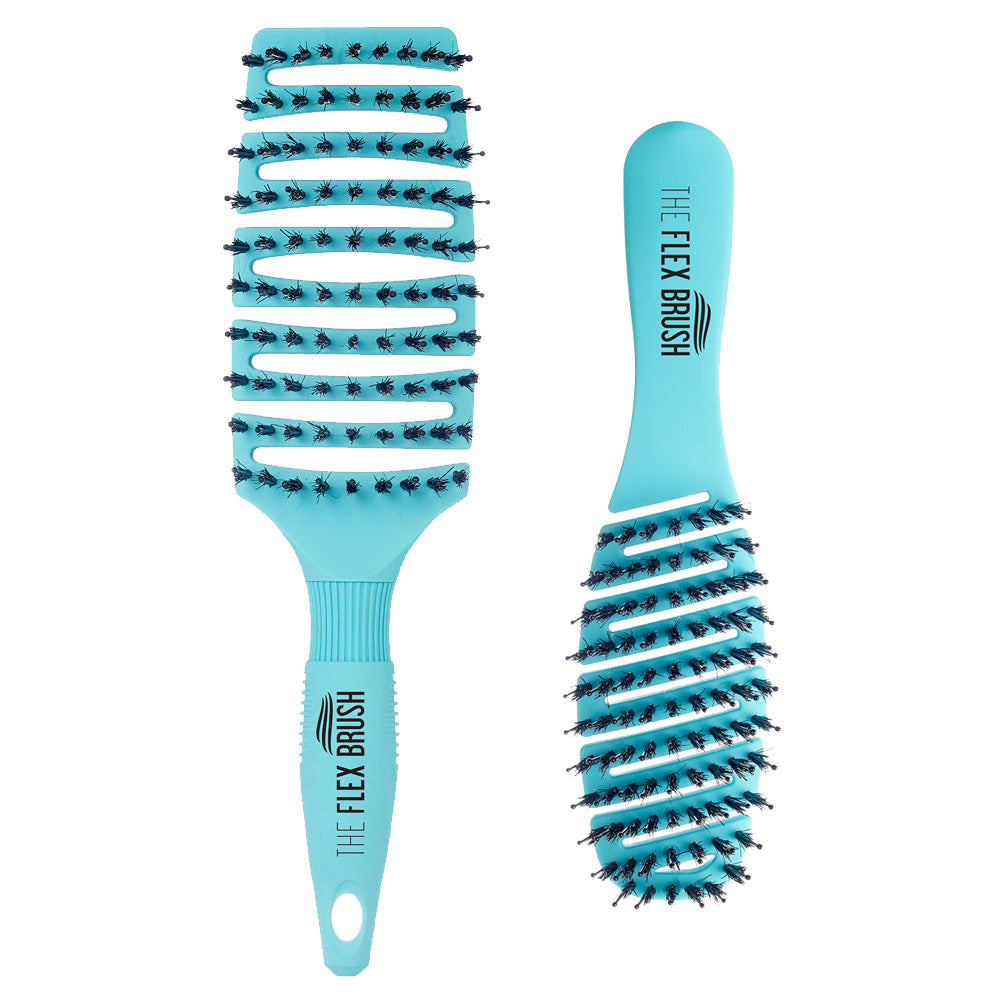Blue hairbrushes - XL and Petite Flex Brush with black bristles on a white background
