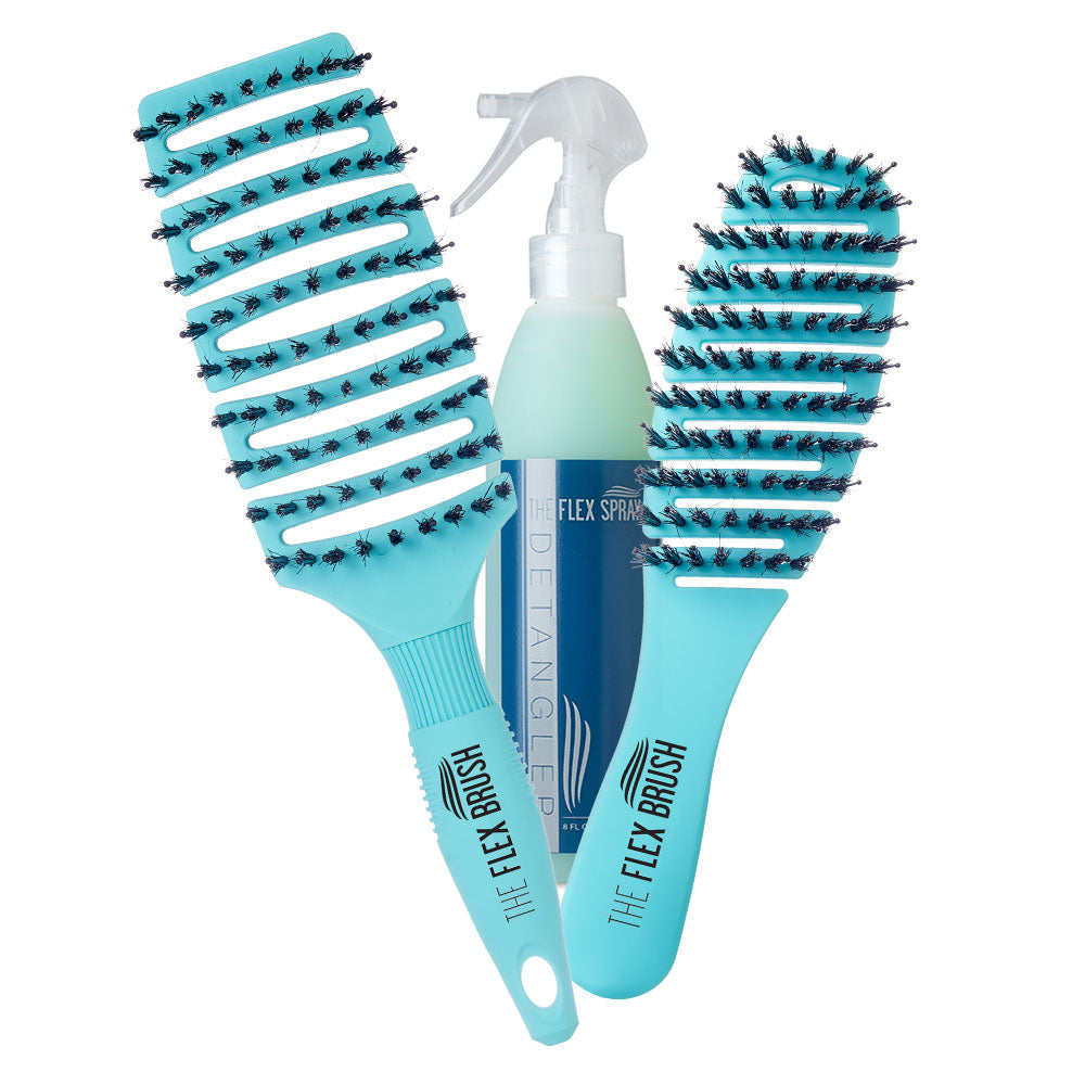 XL and Petite Flex Brush with Detangling Spray on a white background