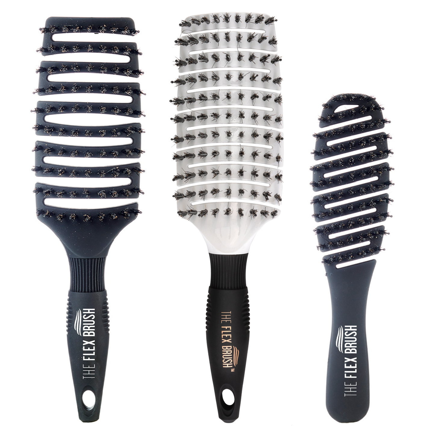 Three hairbrushes with different bristle designs on a white background, branded 'The Flex Brush'. One Black XL, One White XL, and one Petite Black Flex Brush