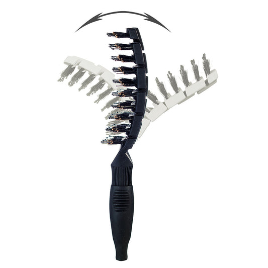 Black hairbrush with white bristle head on a white background