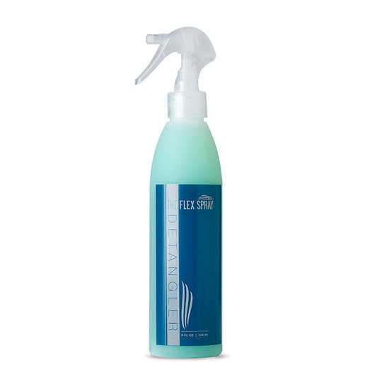 Detangler spray bottle with a white pump on a white background