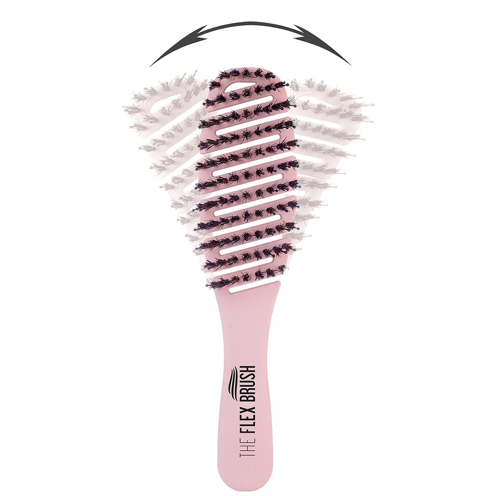 Pink hairbrush with black bristles on a white background